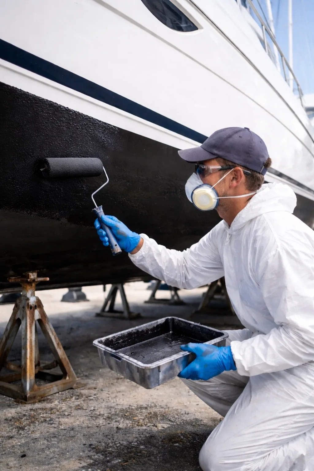 Application de peinture antifouling sur la carène d'un bateau au chantier