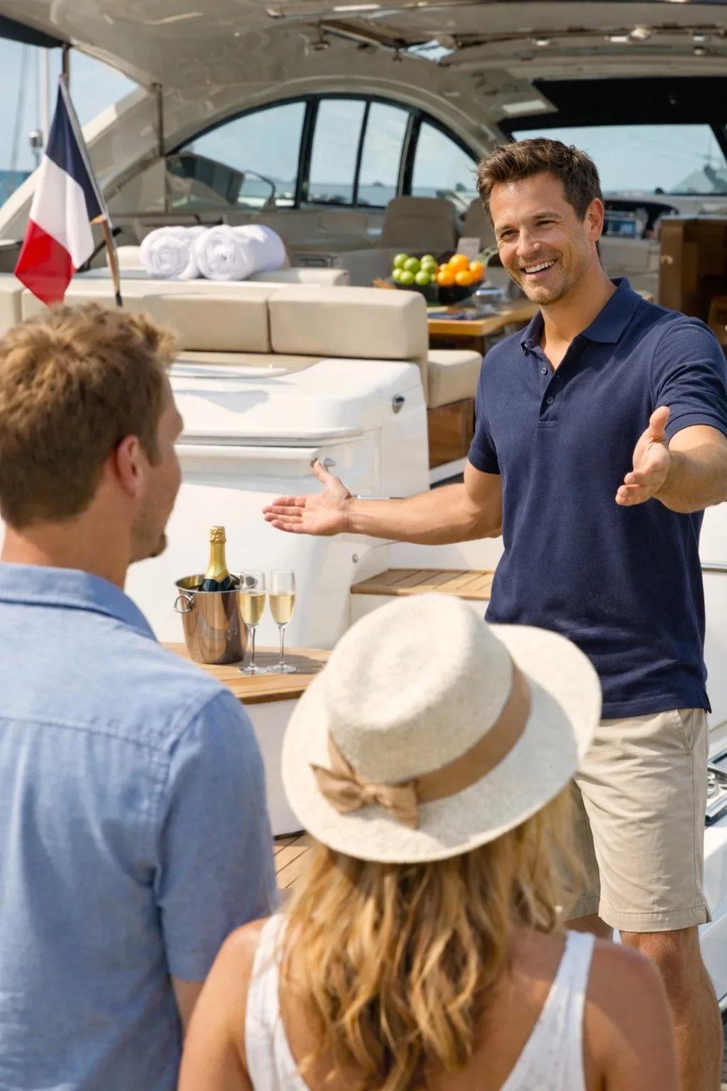 Accueil de clients à bord d'un yacht avant une location charter