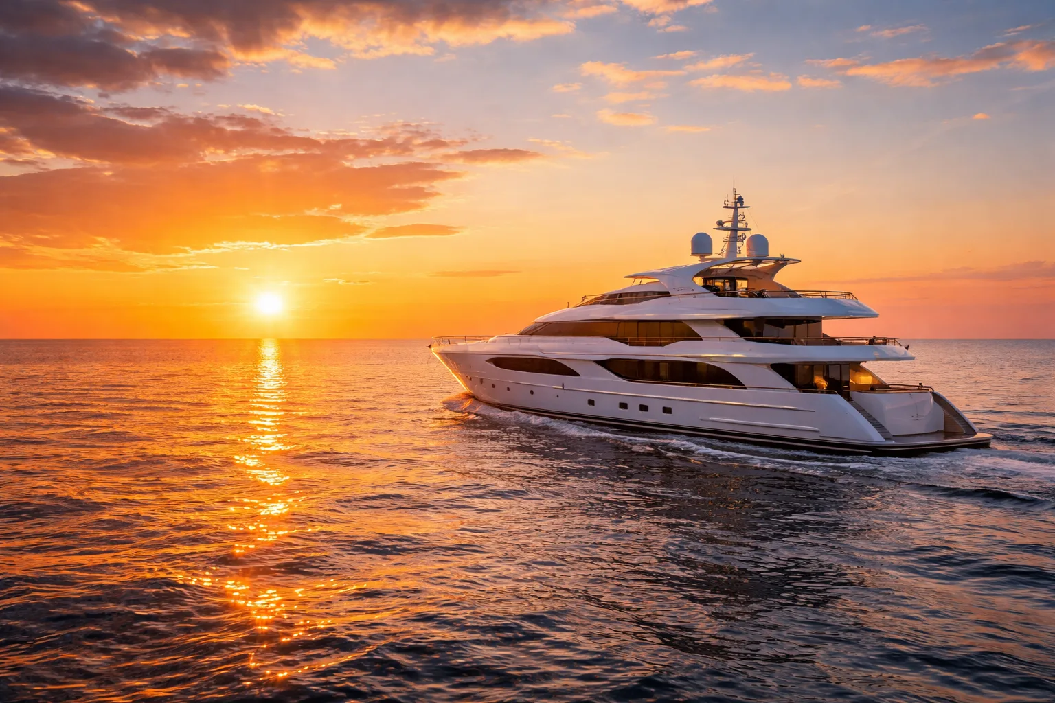 Yacht de luxe naviguant au coucher du soleil sur la Côte d'Azur