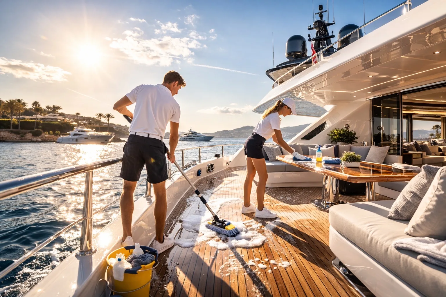 Équipe White Anchor nettoyant le pont en teck d'un yacht