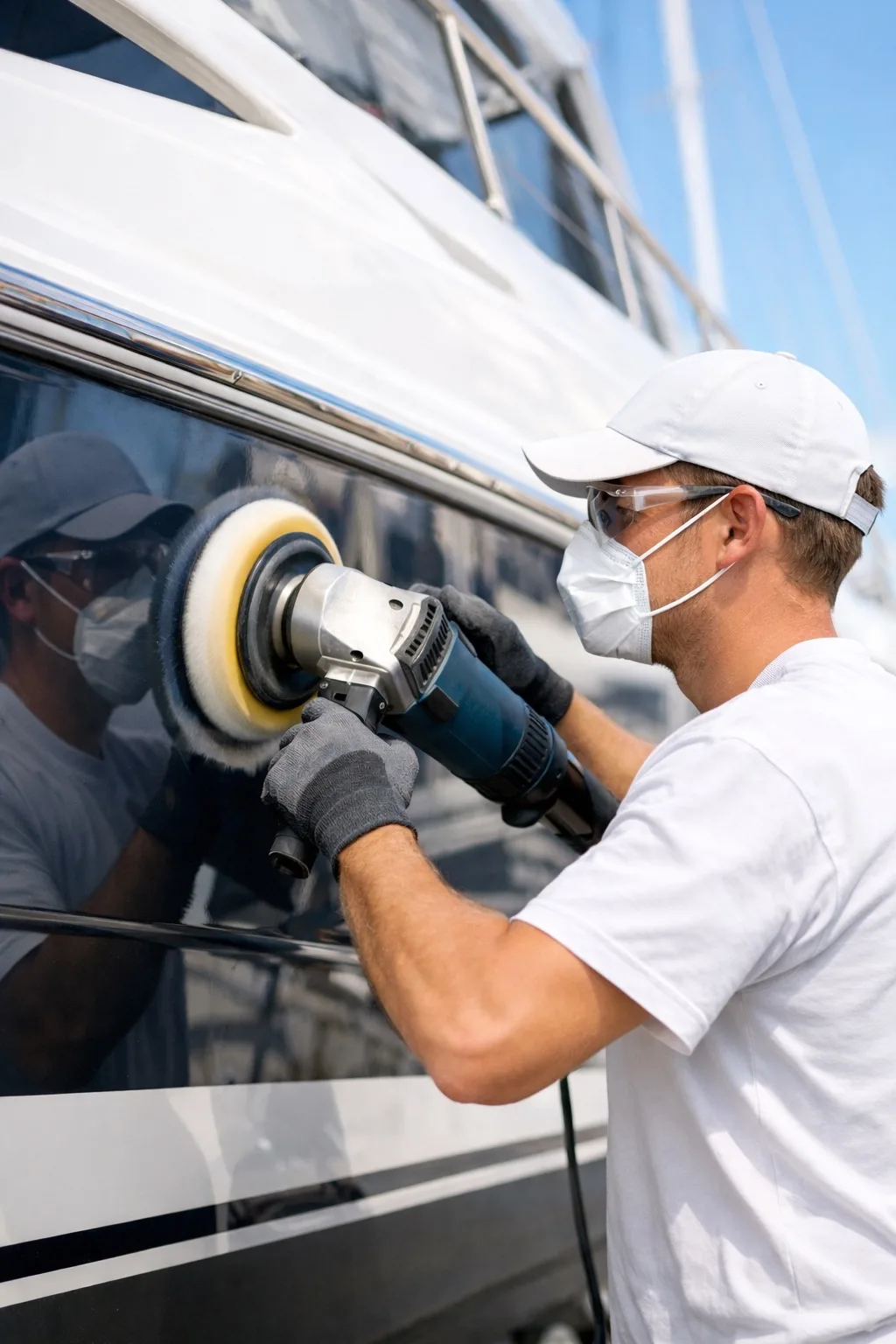Technicien polissant la coque en gelcoat d'un yacht